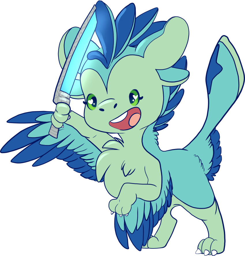 4_ears absurd_res alpha_channel anthro avali avali_(original) blue_body blue_feathers chibi countershading cutepencilcase digitigrade feathered_wings feathers female green_body green_eyes hi_res laser_sword luvashi multi_ear open_mouth winged_arms wings