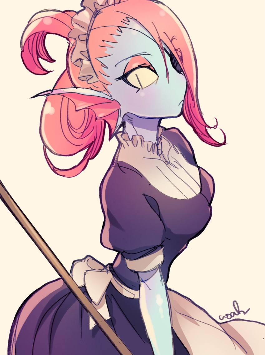 animal_humanoid clothing eye_patch eyewear female fin fish fish_humanoid hair hi_res humanoid looking_at_viewer maid_apron maid_headdress maid_uniform marine marine_humanoid noaharbre red_hair simple_background solo undertale_(series) undyne uniform white_background