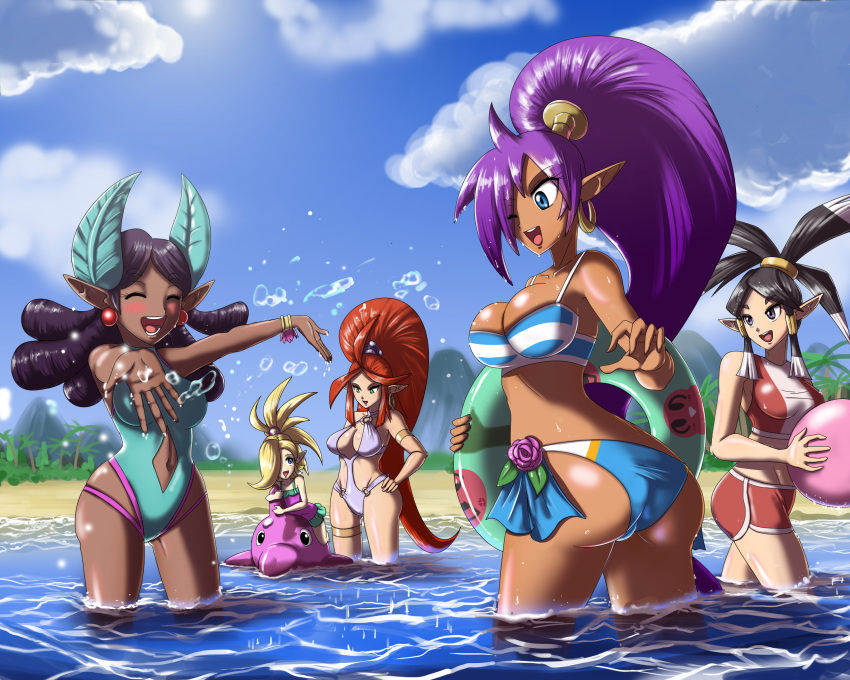 5:4 absurd_res ball beach beach_ball bikini black_hair blonde_hair blue_eyes blush breasts clothed clothing dark_body dark_skin ear_piercing ear_ring eyes_closed female genie group hair harmony_(shantae) hi_res humanoid inflatable midriff navel one-piece_swimsuit open_mouth partially_submerged piercing plink_(shantae) purple_hair red_hair seaside shantae shantae_(series) sonicboom30813 swimwear vera_(shantae) video_games wayforward wet zapple_(shantae)