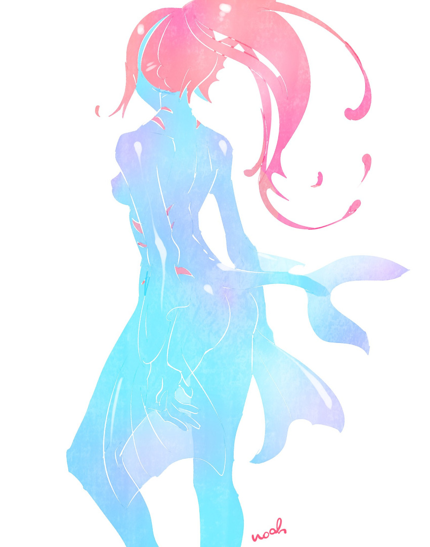 animal_humanoid blue_body breasts butt female fin fish fish_humanoid gills hair hi_res humanoid marine marine_humanoid noaharbre rear_view red_hair simple_background solo standing undertale_(series) undyne white_background