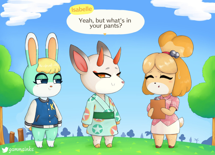 animal_crossing anthro asian_clothing blonde_hair bottomless bottomwear canid canine canis cervid clothed clothing dialogue digital_media_(artwork) domestic_dog east_asian_clothing female gammainks group hair header header_box hi_res isabelle_(animal_crossing) japanese_clothing kimono lagomorph leporid male mammal nintendo outside pencil_skirt rabbit sasha_(animal_crossing) shaded shih_tzu shino_(animal_crossing) shirt skirt text_header topwear toy_dog trio video_games