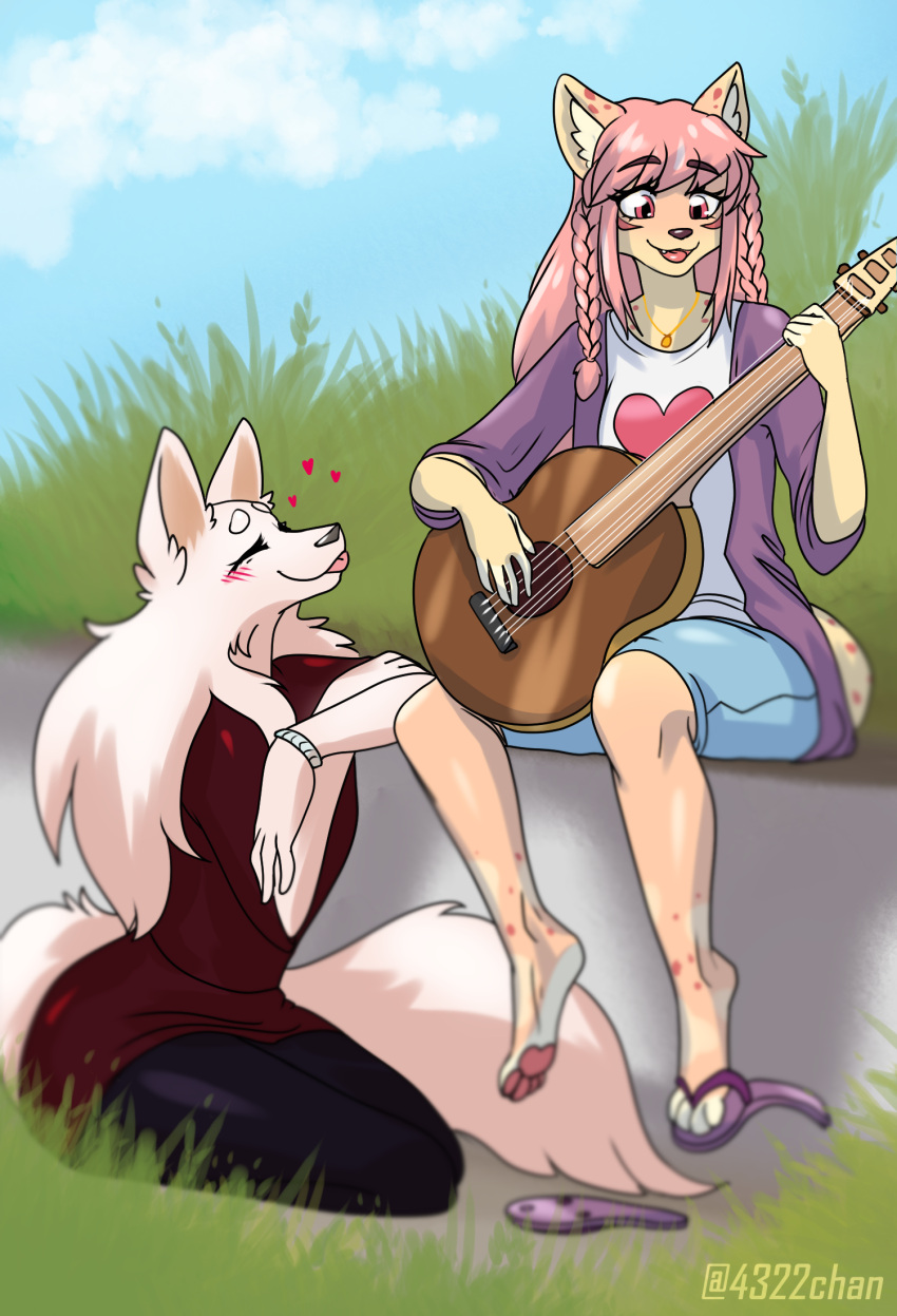 &lt;3 4322chan anthro berger_blanc_suisse blush blush_lines canid canine canis clothed clothing domestic_dog duo eyes_closed female female/female fox fur guitar herding_dog hi_res kneeling mammal musical_instrument pastoral_dog plucked_string_instrument singing sitting string_instrument tan_body tan_fur tsarina white_body white_fur