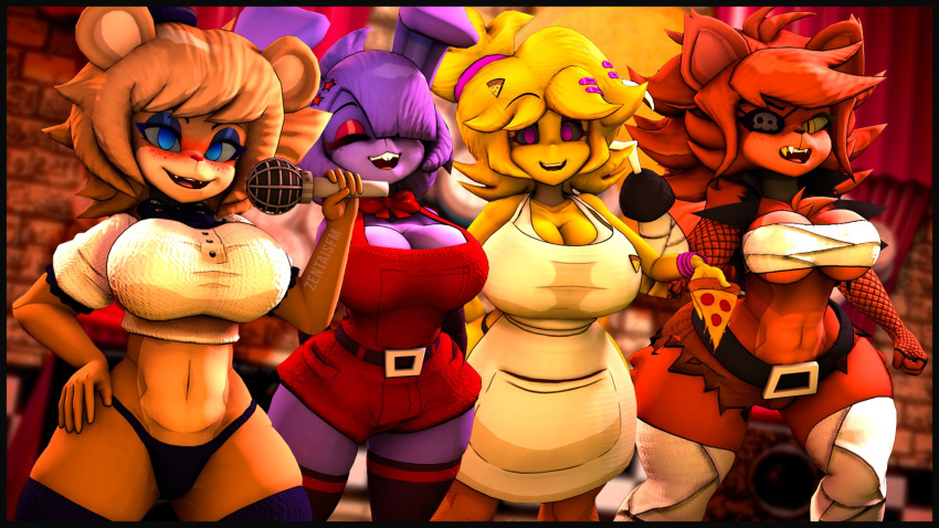16:9 2021 3d_(artwork) abs accessory animatronic anthro apron athletic belt big_breasts black_sclera blonde_hair blue_eyes blue_eyeshadow blush bonnie_(cally3d) bonnie_(fnaf) bottomwear bow_tie bracelet breasts brick_wall brown_body brown_hair buckteeth canid canine chest_tuft chica_(cally3d) chica_(fnaf) cleavage clothed clothing crossgender digital_media_(artwork) eye_patch eyelashes eyes_closed eyeshadow eyewear fangs female fishnet fishnet_armwear five_nights_at_freddy's food fox foxy_(cally3d) foxy_(fnaf) freckles freddy_(fnaf) fredina_(cally3d) fully_clothed fur group hair hair_accessory hairpin happy hi_res hook_hand huge_breasts humanoid inside jacket jewelry lagomorph legwear leporid lidded_eyes looking_at_viewer machine makeup mammal microphone open_clothing open_jacket open_mouth open_smile open_topwear partially_clothed pink_eyes pizza purple_body purple_hair rabbit red_body red_eyeshadow red_fur red_hair robot shaded sharp_teeth shirt short_hair shorts smile standing stockings teeth thick_thighs thong tied_hair topwear tuft under_boob underwear ursid video_games wall_(structure) widescreen wrappings yellow_body yellow_eyes zentaisfm