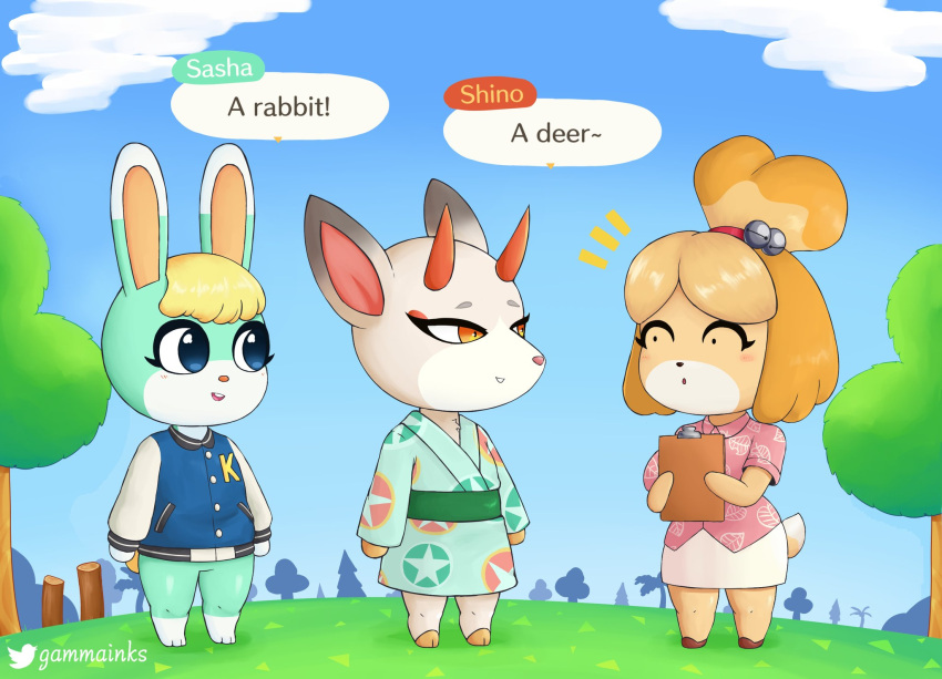 animal_crossing anthro asian_clothing blonde_hair bottomless bottomwear canid canine canis cervid clothed clothing dialogue digital_media_(artwork) domestic_dog east_asian_clothing female gammainks group hair header header_box hi_res isabelle_(animal_crossing) japanese_clothing kimono lagomorph leporid mammal nintendo outside rabbit sasha_(animal_crossing) shaded shih_tzu shino_(animal_crossing) shirt skirt text text_header topwear toy_dog trio video_games