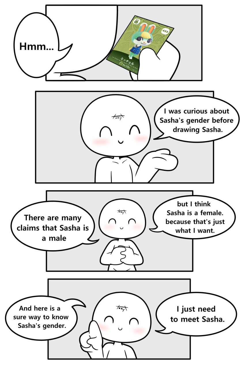 2:3 ambiguous_gender animal_crossing anthro blush card comic dialogue digital_media_(artwork) english_text eyes_closed hi_res human lagomorph leporid male mammal nintendo rabbit sasha_(animal_crossing) smile solo speech_bubble talking_to_viewer text tonytoran video_games