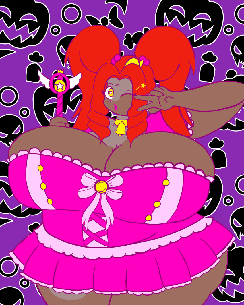 absurd_res anthro big_breasts bovid breasts caprine choker chona cosplay female goat hair halloween hi_res holidays jewelry lips lipstick magic_wand makeup mammal necklace overweight red_hair ribbons solo star_pupils tamboribora thick_thighs twintails_(disambiguation)