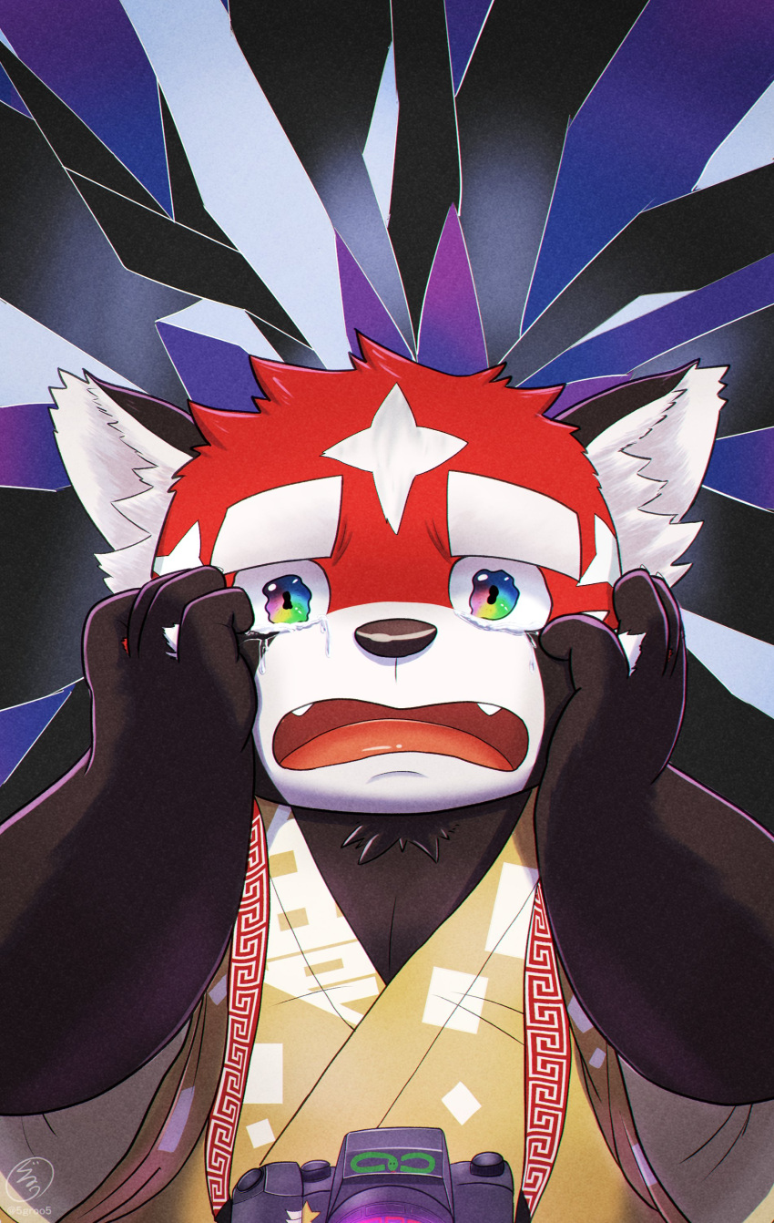 2021 5groo5 absurd_res ailurid anthro asian_clothing black_body black_nose bodily_fluids camera clothing crying cute_fangs east_asian_clothing hi_res japanese_clothing kemono lifewonders mammal red_body red_panda sad solo tears tokyo_afterschool_summoners video_games white_body young zhurong_(tas)