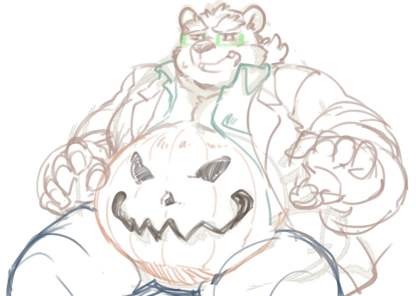 2021 anthro belly clothed clothing exe_exem eyewear glasses halloween holidays kemono leib_(tas) male mammal open_clothing open_shirt open_topwear overweight overweight_male polar_bear shirt simple_background sitting sketch solo topwear ursid ursine white_background