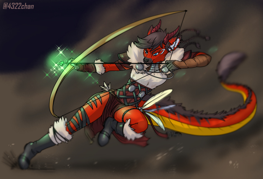 4322chan altara anthro armor arrow_(weapon) asian_mythology blue_eyes bow_(weapon) brown_hair clothed clothing dragon east_asian_mythology eastern_dragon female fully_clothed fur gesture hair hi_res looking_away mythology pointing pointing_at_another ranged_weapon red_body red_fur running simple_background solo weapon