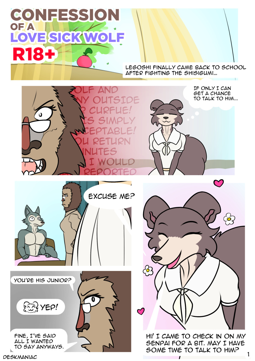 2021 absurd_res angry anthro beastars bed breasts brown_body brown_fur canid canine canis clothed clothing comic deskmaniac dialogue dress english_text eyes_closed eyewear fangs female fur furniture glasses grey_body grey_fur group haplorhine hi_res infirmary juno_(beastars) legoshi_(beastars) male mammal mandrill monkey old_world_monkey on_bed page_number pecs primate school_uniform sitting smile speech_bubble standing teeth text topless topless_male uniform wolf