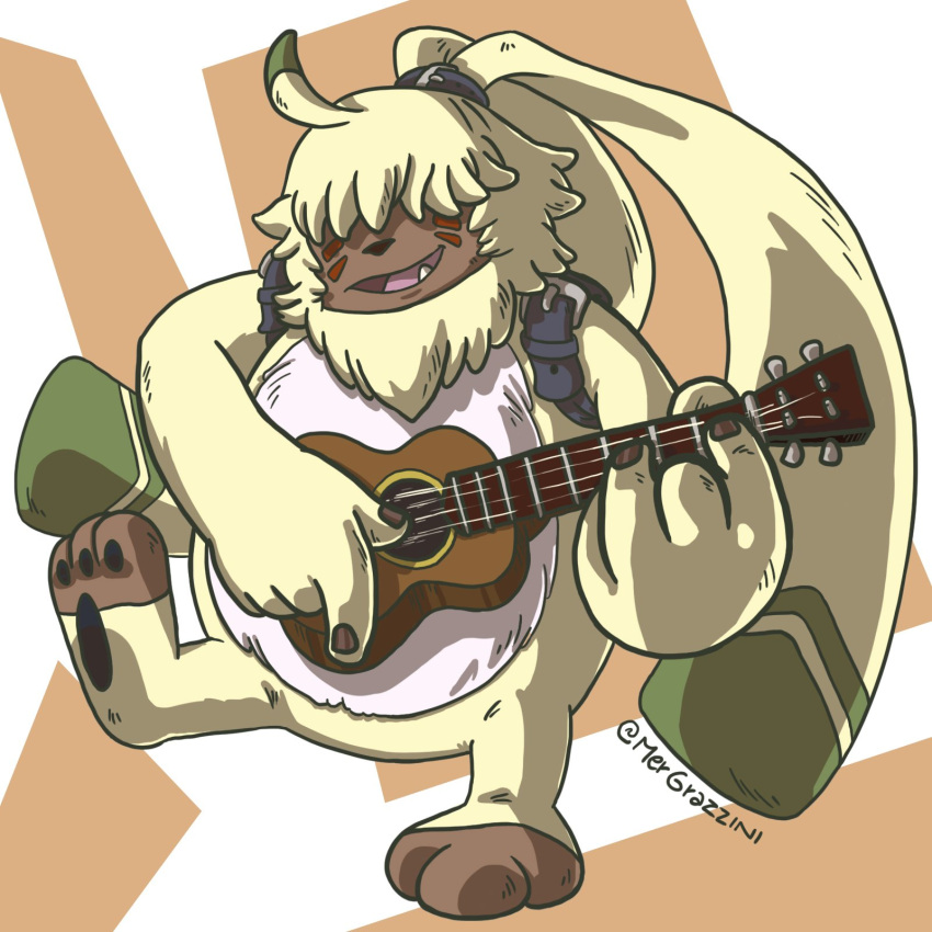 1:1 ambiguous_gender angoramon anthro bandai_namco belt digimon digimon_(species) digimon_ghost_game front_view fur guitar hair_over_eyes hi_res lagomorph leporid long_ears mammal mergrazzini musical_instrument playing_guitar playing_music plucked_string_instrument rabbit simple_background solo string_instrument text url yellow_body yellow_fur