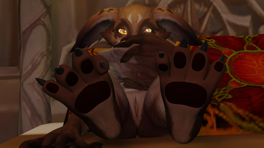 16:9 3d_(artwork) 4_toes 4k absurd_res black_pawpads blender_(software) blizzard_entertainment canid canine claws digital_media_(artwork) fan_character feet female fox fur glistening glistening_eyes hi_res hiding_face hindpaw inside jjmanilla mammal pawpads paws shy solo spread_legs spreading tan_body tan_fur toe_claws toes video_games vulpera warcraft widescreen yellow_eyes
