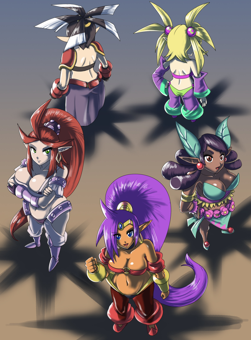 armor black_hair blonde_hair blue_eyes bottomwear bracers breasts brown_eyes cleavage clothed clothing dark_body dark_skin ear_piercing ear_ring female genie green_eyes group hair harmony_(shantae) hi_res humanoid humanoid_pointy_ears midriff navel open_mouth piercing plink_(shantae) purple_hair rear_view red_hair shantae shantae_(series) sonicboom30813 topwear vera_(shantae) video_games wayforward zapple_(shantae)