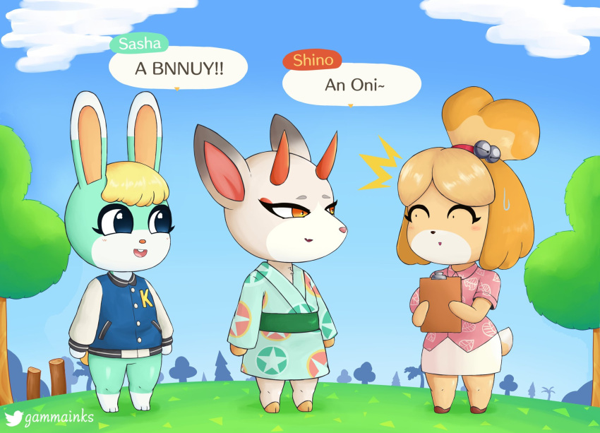 animal_crossing anthro asian_clothing blonde_hair bnnuy bottomless bottomwear canid canine canis cervid clothed clothing dialogue digital_media_(artwork) domestic_dog east_asian_clothing female gammainks group hair header header_box hi_res isabelle_(animal_crossing) japanese_clothing kimono lagomorph leporid mammal nintendo outside pencil_skirt rabbit sasha_(animal_crossing) shaded shih_tzu shino_(animal_crossing) shirt skirt text_header topwear toy_dog trio video_games