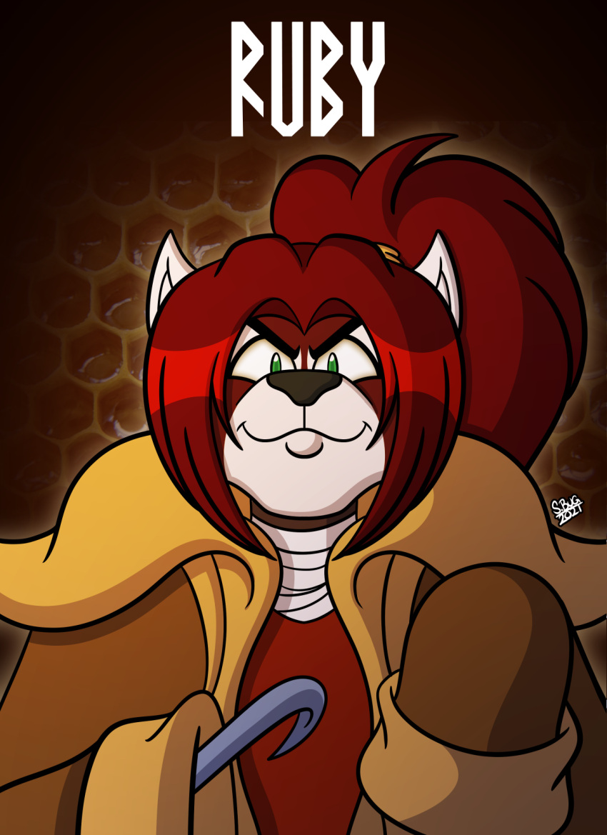 ailurid anthro beehive candyman clothing coat female hi_res honeycomb hook looking_at_viewer mammal murderous_intent parody poster red_panda ruby_(kadath) sketchybug smile solo topwear
