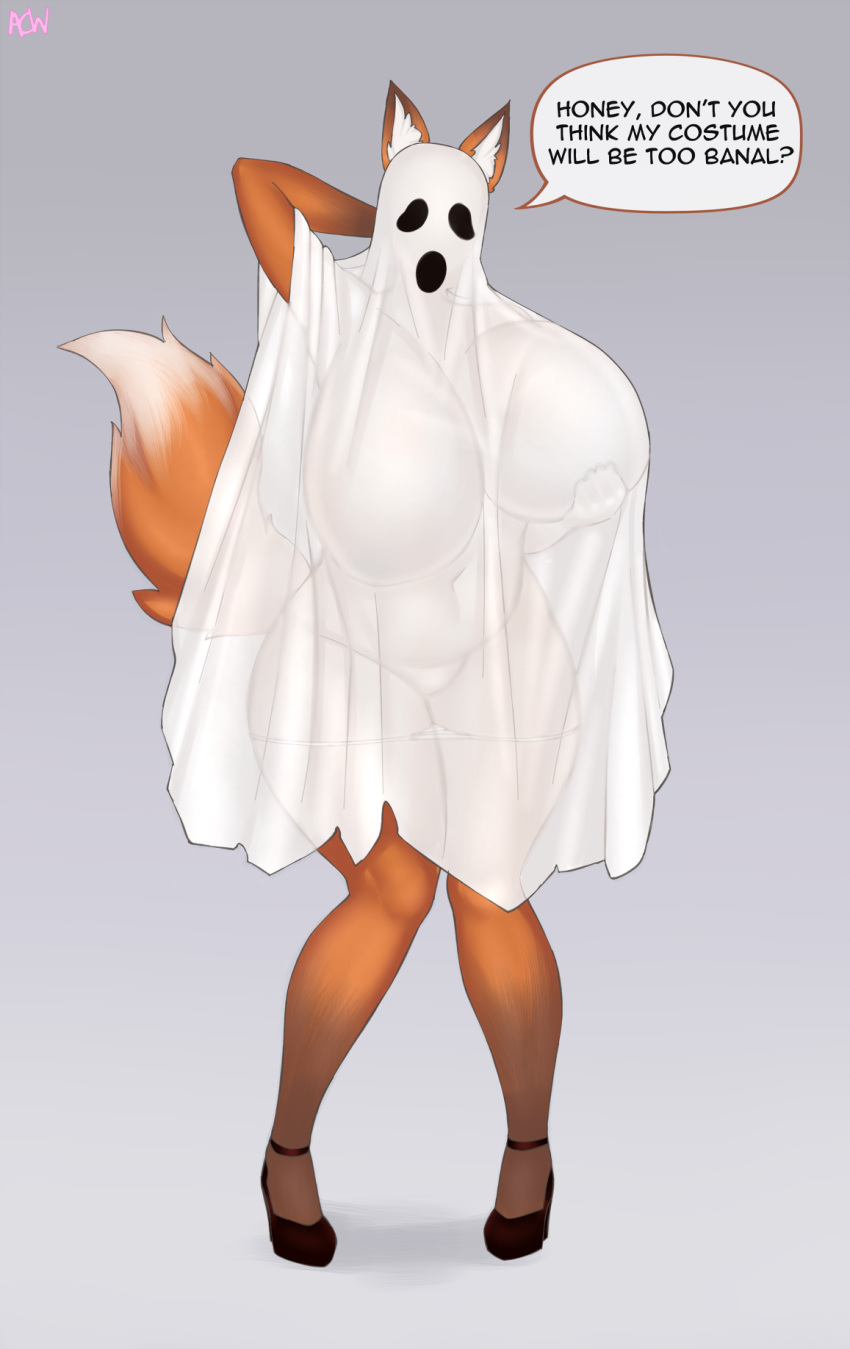 acw anthro big_breasts breasts canid canine clothed clothing costume dialogue english_text female fox halloween halloween_costume hi_res holidays huge_breasts mammal panties panties_down partially_clothed solo text translucent underwear underwear_down