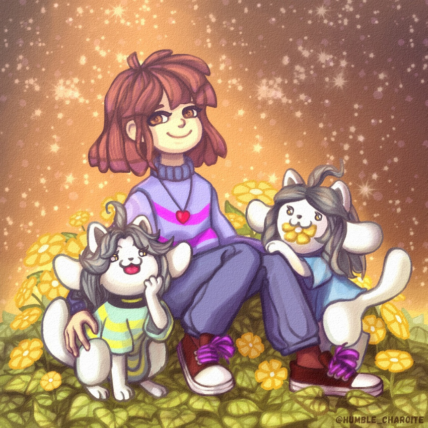 1:1 bob_(undertale) brown_hair canid canine clothed clothing felid feline female feral flower grey_hair group hair human mammal plant protagonist_(undertale) smile sparkles tem temmie_(undertale) text tongue topwear trio undertale undertale_(series) video_games white_body