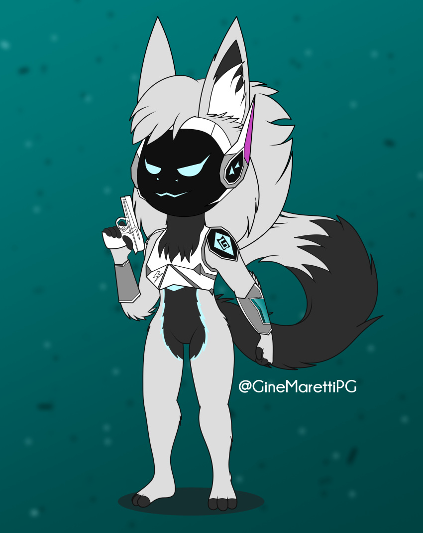 absurd_res anthro bottomless clothed clothing female gine_maretti ginemarettipg grey_body grey_hair gun hair hi_res machine multicolored_body protogen ranged_weapon simple_background solo weapon