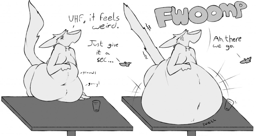 anthro belly belly_expansion belly_inflation bloated butt container cup english_text expansion furniture glass glass_container glass_cup greyscale inflation male mammal monochrome navel obese overweight rumbling_stomach sequence sergal simple_background solo solo_focus surprise table text tiny_head troplilly