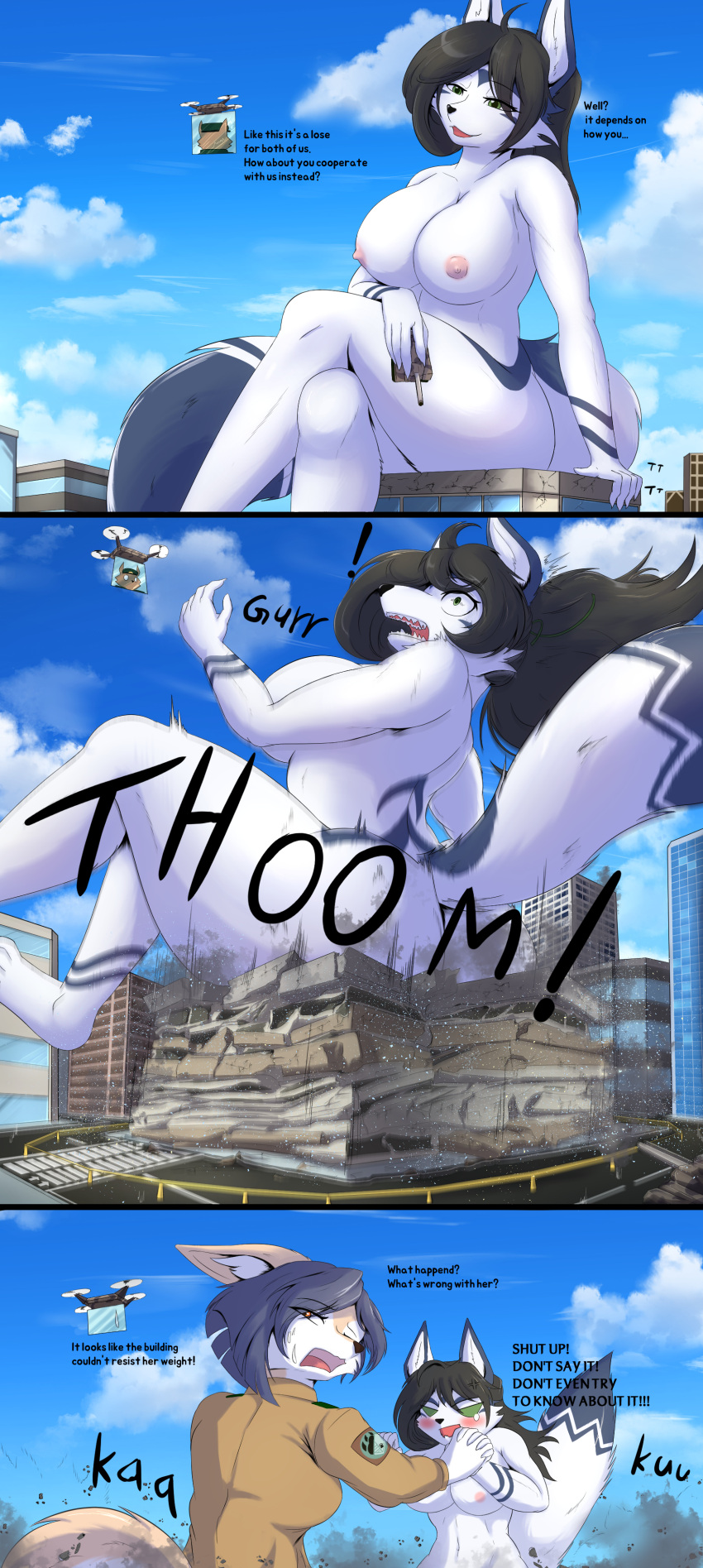 ! 2021 absurd_res aircraft areola big_breasts breasts canid canine canis city clothing cloud crossed_legs destruction domestic_dog duo english_text female fox helicopter hi_res kirina_violet_(pederont) korean_jindo macro mammal marble_fox military_uniform nipples open_mouth red_fox sitting sky son2j spitz stellar_marbey_(pederont) text uniform