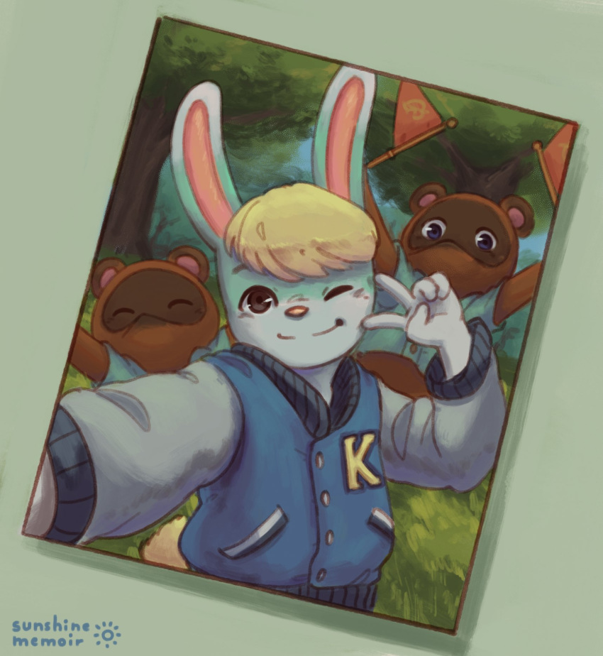 animal_crossing anthro blonde_hair blue_body blue_eyes blue_fur brown_body brown_eyes brown_fur canid canine digital_media_(artwork) forest fur group hair hi_res lagomorph leporid letterman_jacket male mammal nintendo one_eye_closed plant rabbit raccoon_dog sasha_(animal_crossing) selfie shaded sunshine_memoir tanuki timmy_nook tommy_nook tree trio video_games white_body white_fur wink