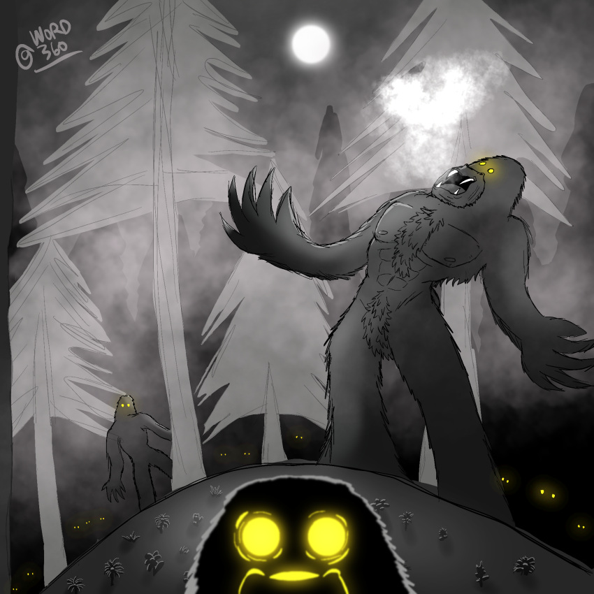 1:1 abs ambiguous_gender animal_humanoid anthro big_hands bigfoot chest_tuft crotch_tuft cryptid flower foggy forest forest_background full_moon fur glowing glowing_eyes group hi_res howl humanoid looking_at_viewer male mammal mammal_humanoid monster moon nature nature_background night plant primate primate_humanoid roaring scp-1000 scp_foundation steam tree tuft word360 yellow_eyes