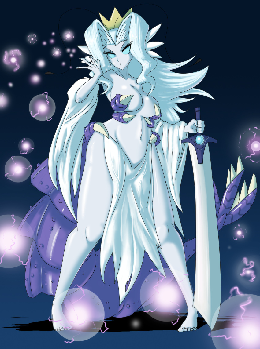 blue_eyes breasts crown empress_siren female glowing glowing_eyes hair hi_res humanoid melee_weapon navel shantae_(series) siren solo sonicboom30813 sword video_games wayforward weapon white_body white_hair