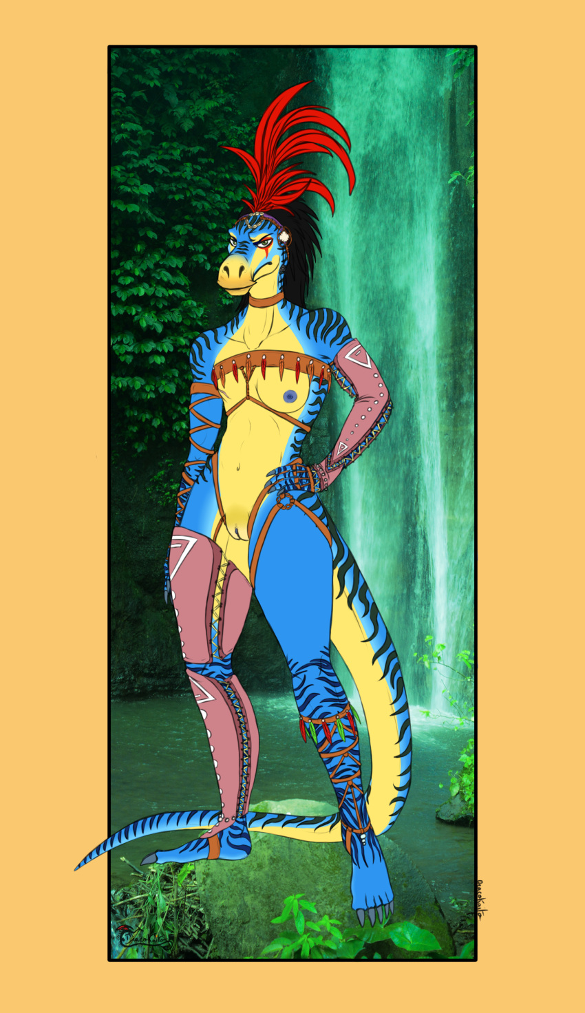 absurd_res anthro digital_media_(artwork) dinosaur dracokaito dracokaitonsfw fantasy feathers female forest full-length_portrait hadrosaurid hi_res humanoid maiasaura muscular ornithischian plant portrait primal proud reptile scalie scar sketch solo tree tribal tropical warrior