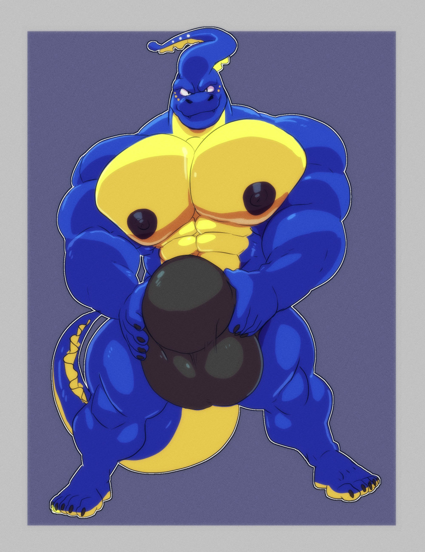 absurd_res anthro barefoot big_bulge big_muscles big_pecs black_nipples blue_body bulge clothed clothing cursedmarked eel feet fish genital_outline hi_res huge_bulge hyper hyper_bulge male marine muscular muscular_anthro muscular_male nipples pecs penis_outline solo standing topless truss_(character) underwear yellow_body