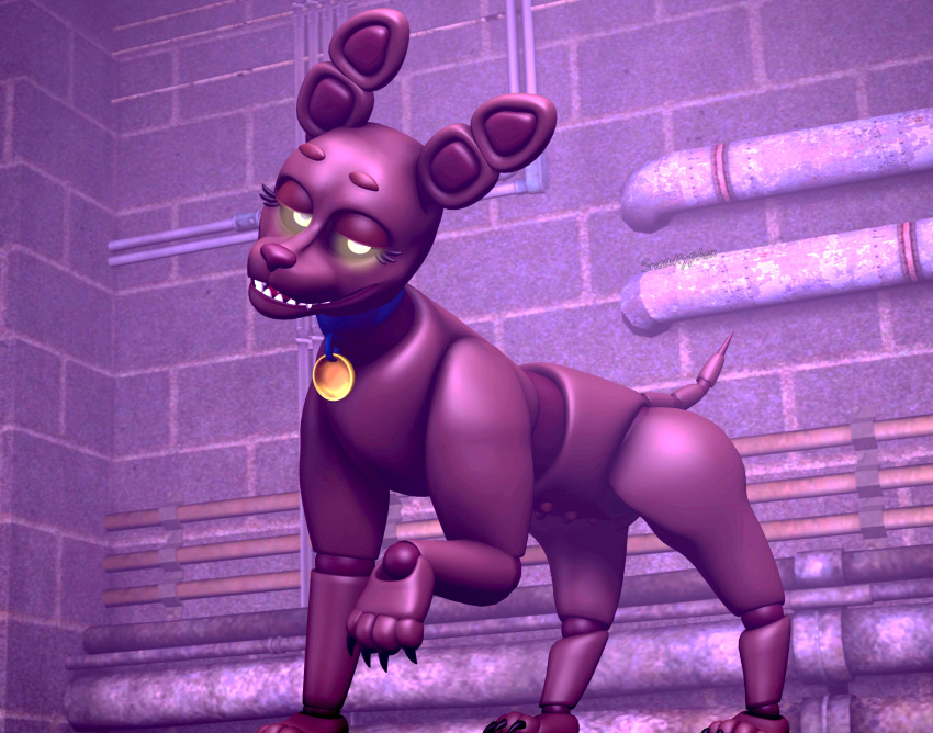 2021 3d_(artwork) animal_genitalia animal_pussy animatronic canid canine canine_pussy claws collar digital_media_(artwork) female feral fetch_(fnaf) five_nights_at_freddy's genitals glowing glowing_eyes hi_res looking_at_viewer machine mammal nipples pussy robot sneakyphox solo source_filmmaker video_games