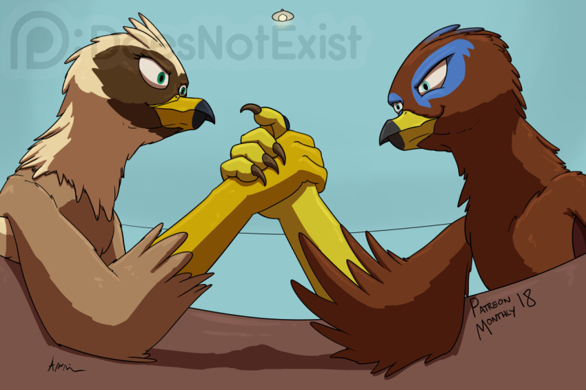 arm_wrestling avian beak bird_feet blue_markings brown_body doesnotexist feathered_crest feathered_wings feathers female feral green_eyes gryphon head_crest markings mythological_avian mythology quadruped saewin serilde wings