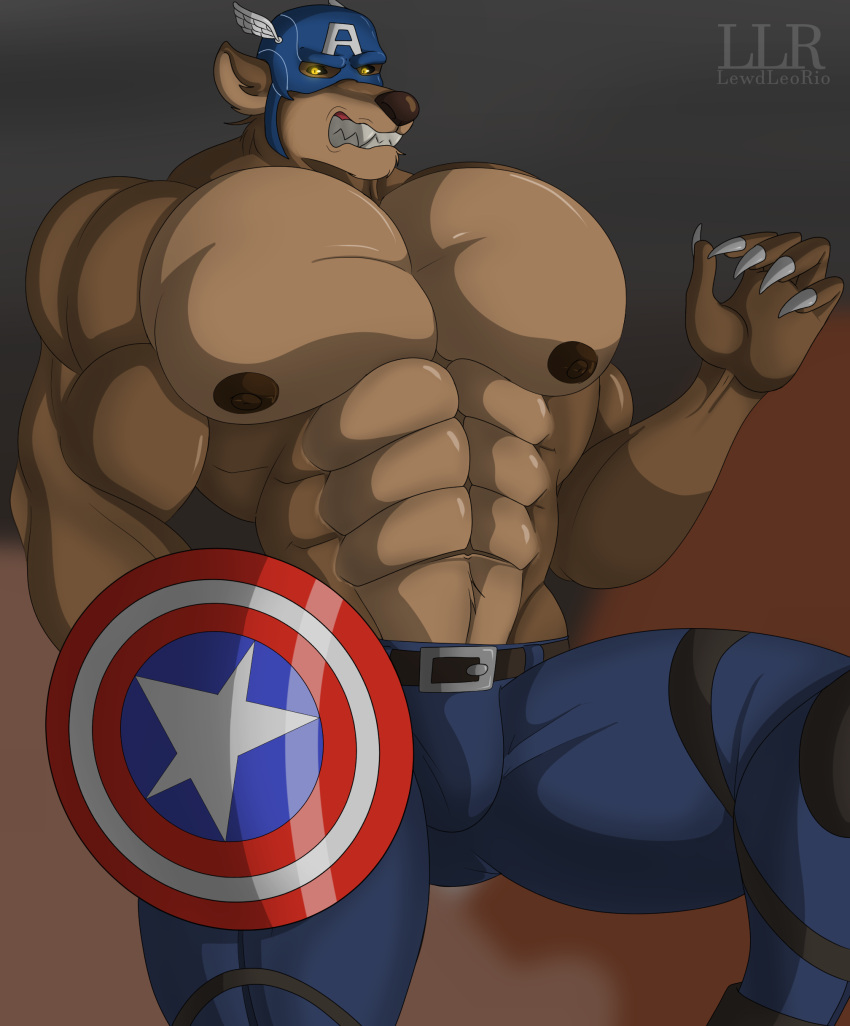 abs absurd_res anthro barazoku belt biceps big_muscles big_pecs bottomwear bulge canid canine canis captain_america claws clothed clothing digital_media_(artwork) disney fur hi_res klr-rio looking_at_viewer male mammal marvel muscular muscular_anthro muscular_male nipples pants pants_only pecs shield simple_background solo topless weapon were werecanid werecanine werewolf wolf