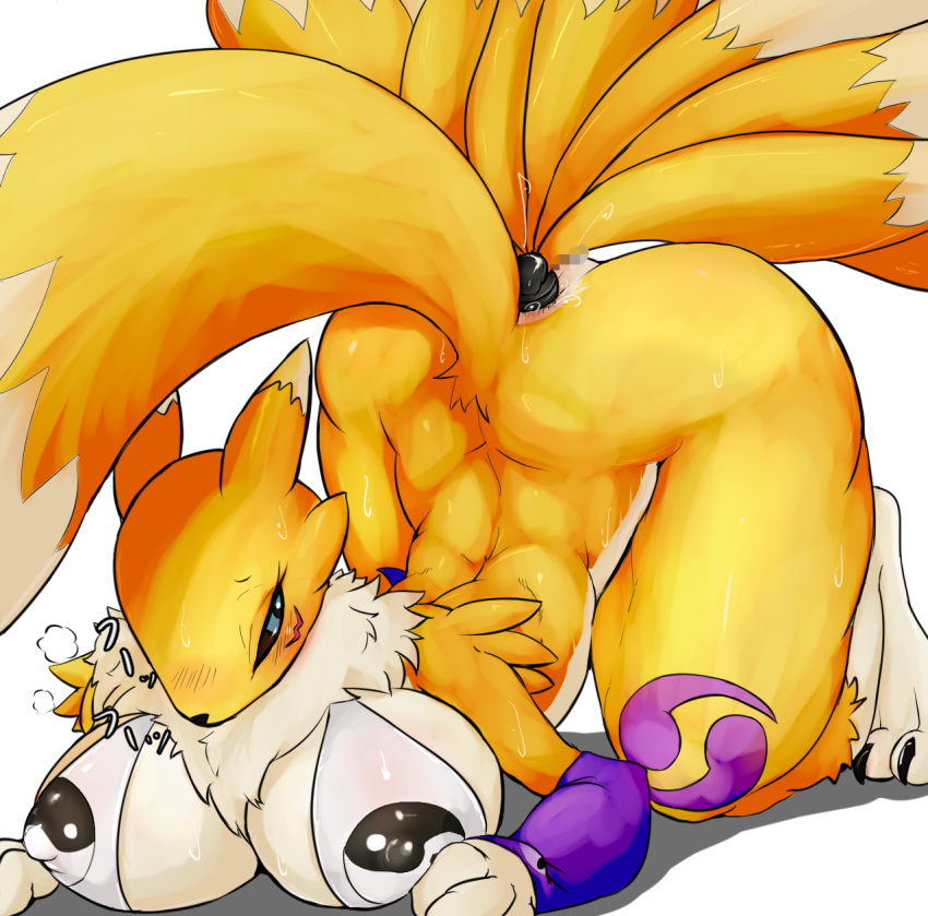 anal anal_penetration anthro ass_up bandai_namco big_breasts blush bottomless breasts butt buttplug buttplug_in_ass buttplug_insertion buttplug_tail censored clothed clothing cottontail digimon digimon_(species) fake_tail female fur hi_res nipple_outline penetration plug_(sex_toy) plug_insertion renamon sex_toy sex_toy_in_ass sex_toy_insertion simple_background solo white_background yellow_body yellow_fur