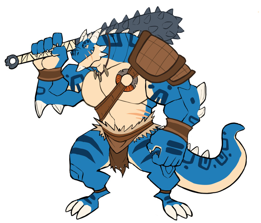 absurd_res anthro blue_body bottomwear clothing club_(weapon) darknaigart dragon hi_res horn loincloth male melee_weapon muscular muscular_anthro muscular_male scalie shoulder_pads simple_background solo weapon white_background