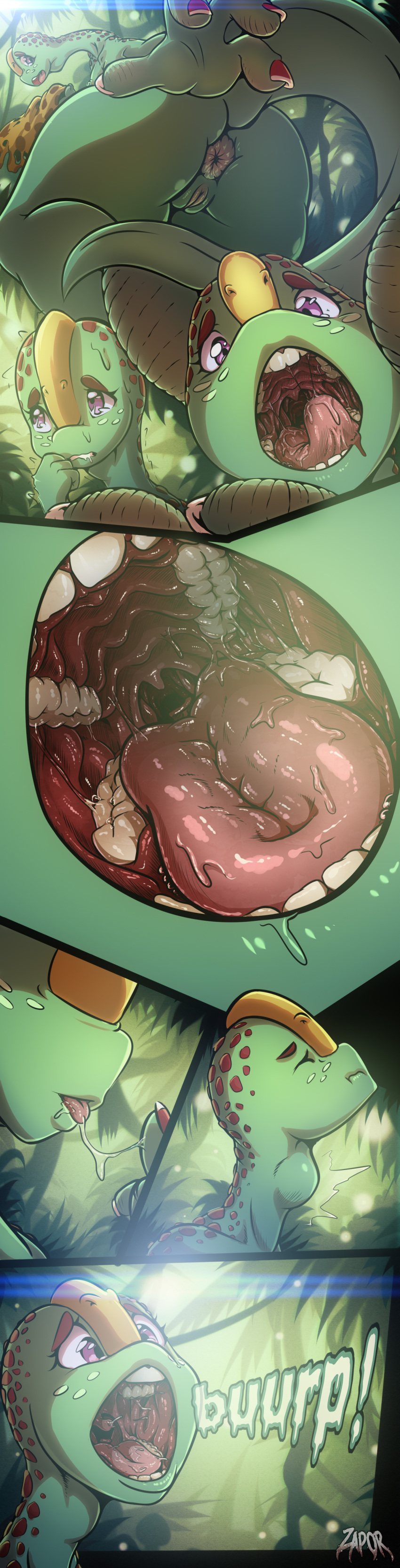 absurd_res anthro anus bodily_fluids brachiosaurid burping comic dinosaur donut_anus drooling female first_person_view genitals hi_res long_neck mouth_shot neck_bulge nude open_mouth oral_vore pussy reptile saliva saliva_string sauropod scalie soft_vore solo swallowing teeth throat tongue uvula vore zapor zapor666