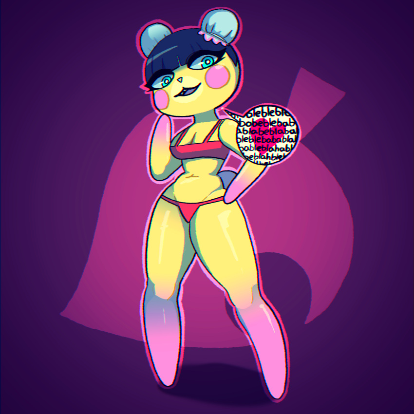 &lt;3 1:1 animal_crossing anthro bangs bikini bikini_bottom bikini_top biped black_hair blush blush_stickers breasts cleavage clothed clothing dialogue eikobiko eyelashes eyelashes_visible_through_hair female gibberish glistening glistening_body hair hand_on_hip hi_res looking_at_viewer mammal nintendo pekoe_(animal_crossing) short_hair short_tail simple_background smile solo stubby_arms swimwear ursid video_games yellow_body