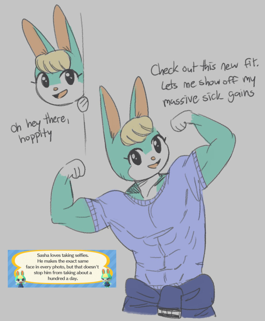 abs animal_crossing anthro biceps blonde_hair blue_body blue_fur clothing digital_media_(artwork) doom_mori english_text flexing fur hair hi_res humor lagomorph leporid male mammal muscular muscular_anthro muscular_male nintendo pecs rabbit sasha_(animal_crossing) shirt solo t-shirt text topwear video_games