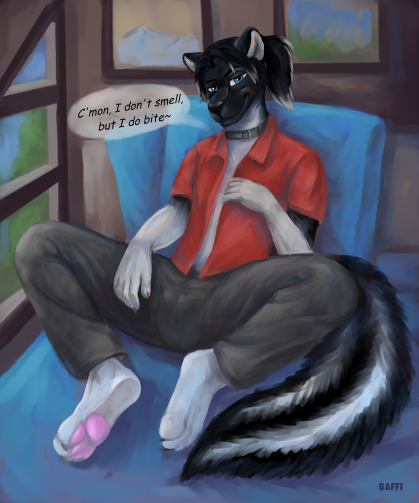 2021 5:6 absurd_res anthro barefoot biped black_collar black_hair black_nose bottomwear clothed clothing collar detailed_background dialogue english_text feet fully_clothed hair hi_res inside lora_mclaren male mammal mephitid pants red_clothing red_shirt red_topwear shirt sitting skunk smile solo speech_bubble text topwear window