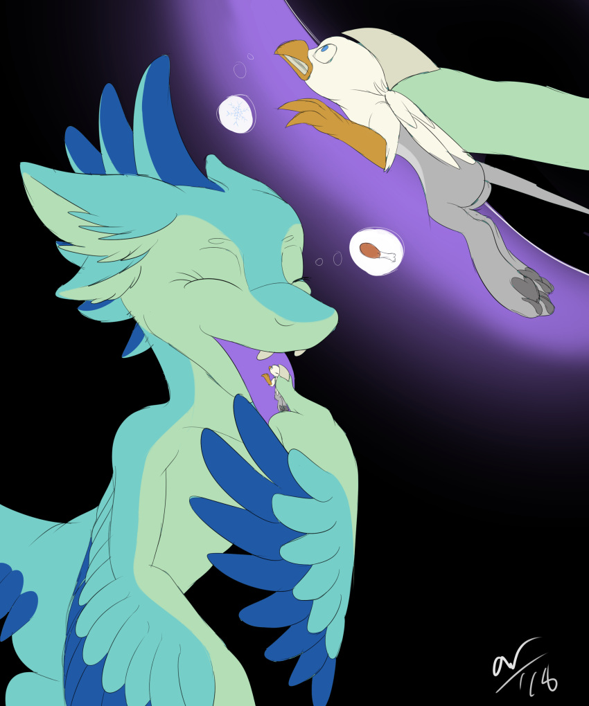 4_ears 5:6 absurd_res anthro avali avali_(original) avian blue_body blue_feathers countershading der eyes_closed feathered_wings feathers female green_body gryphon hi_res luvashi magicalfurry mawplay micro multi_ear mythological_avian mythology size_difference thought_bubble winged_arms wings