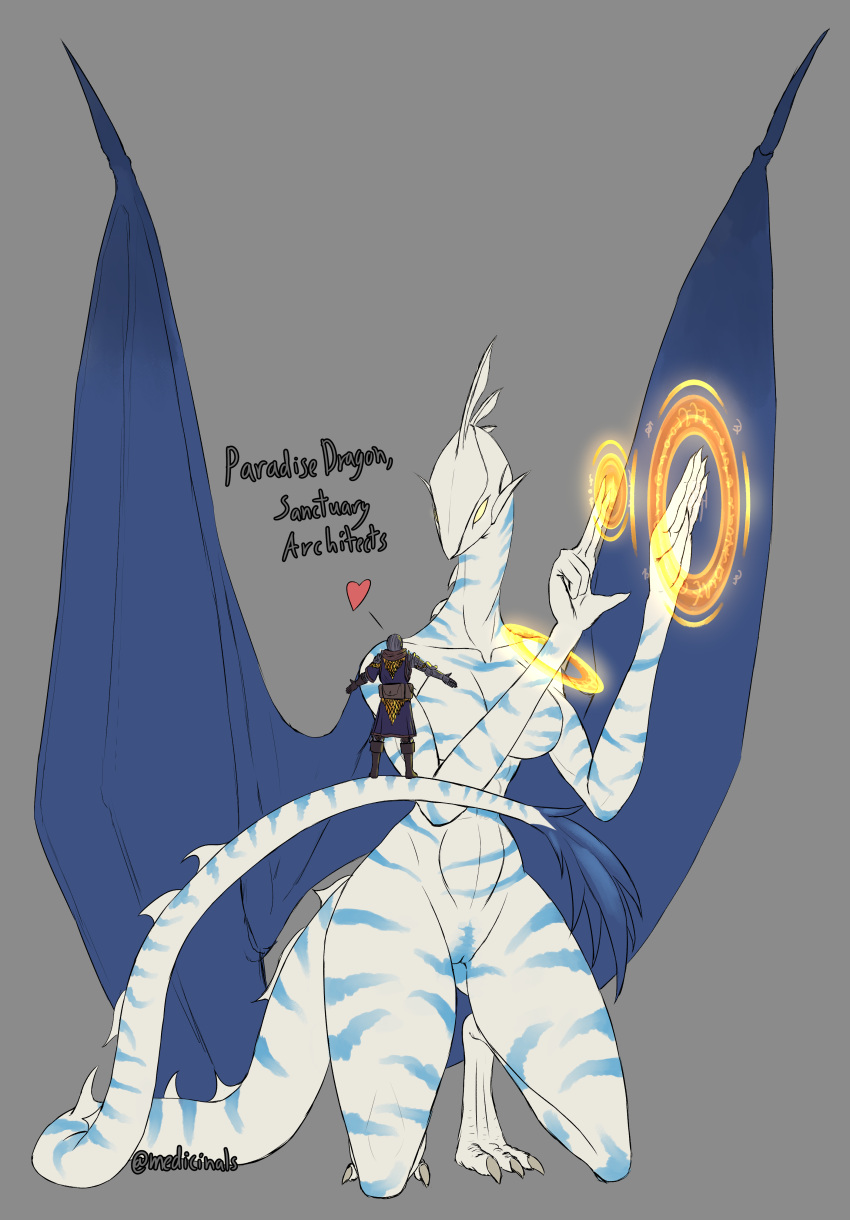 &lt;3 absurd_res animal_humanoid anthro dragon dragon_humanoid duo female genitals glowing glowing_eyes hi_res humanoid kneeling long_neck long_tail magic magic_user male medicinal_succ pussy scale_knight_(medicinalsucc) slim stripes wide_hips wings