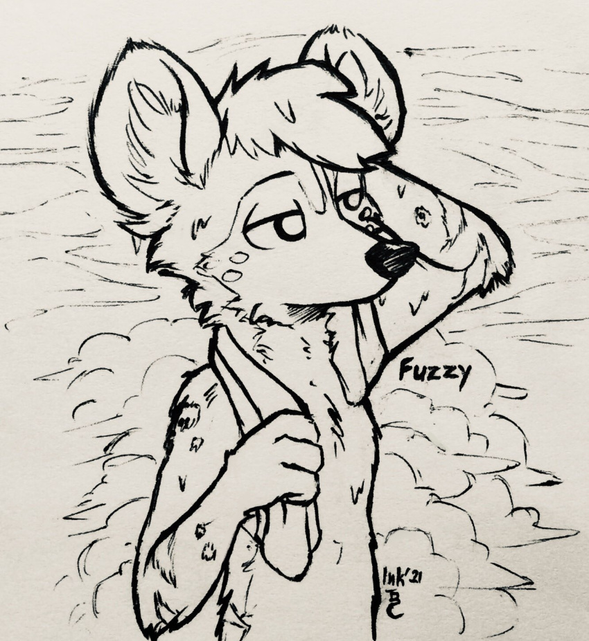 2021 african_wild_dog anthro canid canine cheek_tuft facial_tuft fur head_tuft hi_res inktober inktober_2021 inner_ear_fluff male mammal milo_(juantriforce) solo spots spotted_body spotted_fur theblueberrycarrots traditional_media_(artwork) tuft wet wet_body wet_fur