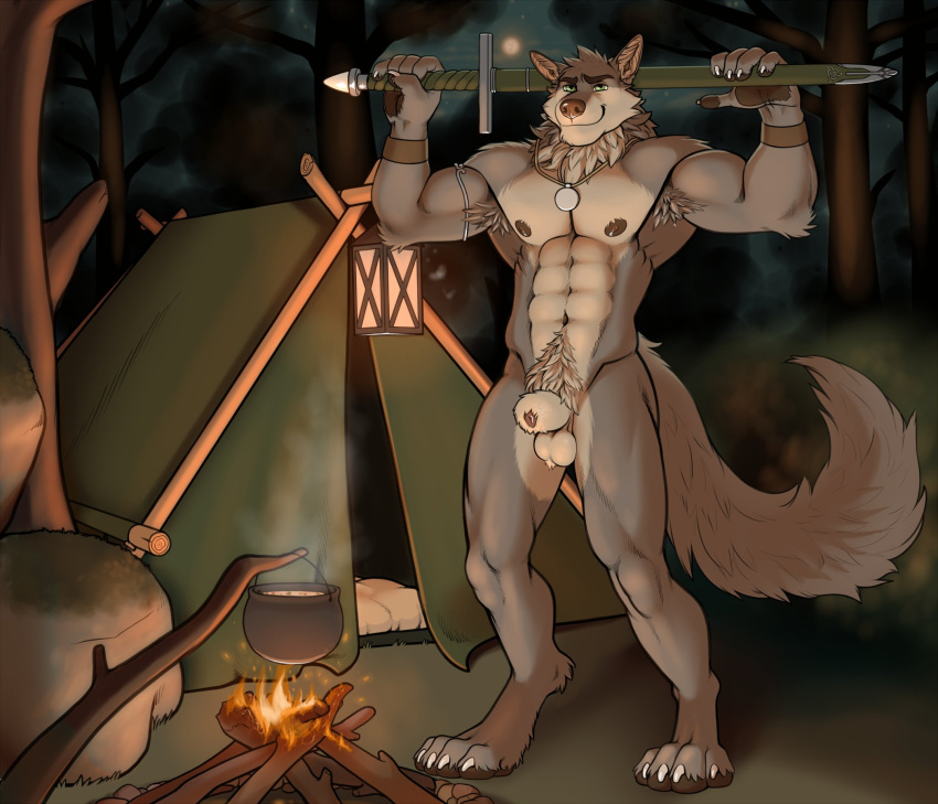 abs amulet animal_genitalia anthro armpit_hair armpit_tuft balls body_hair camping camping_tent campsite canid canine canis clawed_feet clawed_fingers detailed_background digitigrade far_beyond_the_world_(series) forest forest_background fully_sheathed fur genitals green_eyes head_tuft hi_res holding_object holding_weapon looking_at_viewer male mammal melee_weapon multicolored_body multicolored_fur muscular muscular_anthro muscular_male nature nature_background navel neck_tuft nipples nude pawpads plant possumpecker pubic_fuzz ranok_(far_beyond_the_world) sheath smile solo sword tree tuft two_tone_body two_tone_fur video_games visual_novel weapon wolf