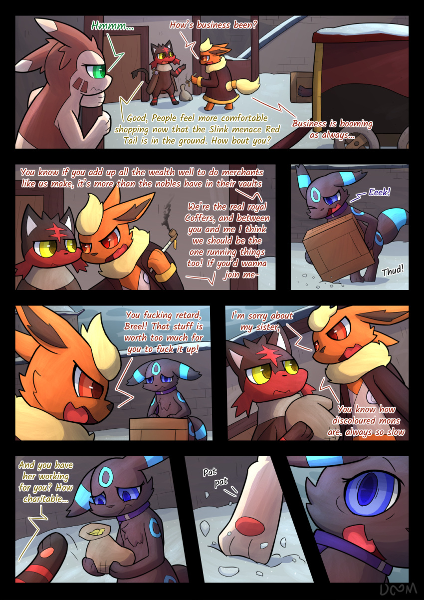 ambiguous_gender bag black_body black_fur black_nose blue_eyes blue_markings breel_(infinitydoom) brown_body brown_fur building chest_tuft choker clothed clothing coin comic crate dialogue eeveelution english_text feral flareon flaroes_(infinitydoom) fur furret gold_(metal) gold_coin green_eyes group hi_res infinitydoom jewelry litten lorret_(infinitydoom) markings necklace nintendo nude onomatopoeia orange_body orange_eyes orange_fur pawpads peeking pok&eacute;mon pok&eacute;mon_(species) pok&eacute;mon_mystery_dungeon profanity red_body red_fur smoking smoking_pipe sneaking snow sound_effects surprised_expression text trader tuft umbreon video_games wagon wagon_wheel white_body white_fur yellow_eyes