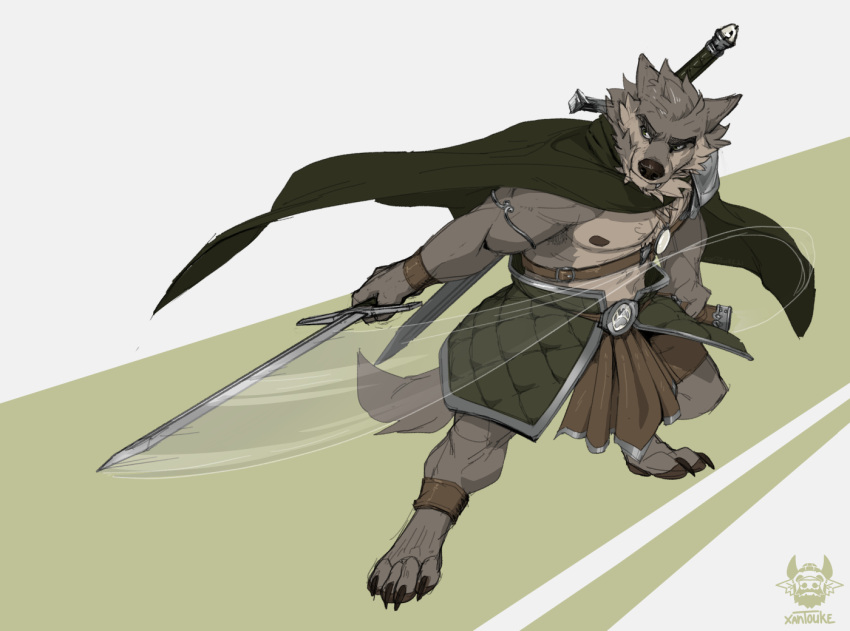 amulet anthro armor canid canine canis cape cheek_tuft chest_tuft clawed_feet clothed clothing digitigrade facial_tuft far_beyond_the_world_(series) fighting_pose fur green_eyes head_tuft holding_object holding_weapon leather_straps male mammal melee_weapon motion_lines multicolored_body multicolored_fur muscular muscular_anthro muscular_male nipples partially_clothed pose ranok_(far_beyond_the_world) simple_background solo swinging_sword sword tuft two_tone_body two_tone_fur video_games visual_novel weapon wolf xantouke