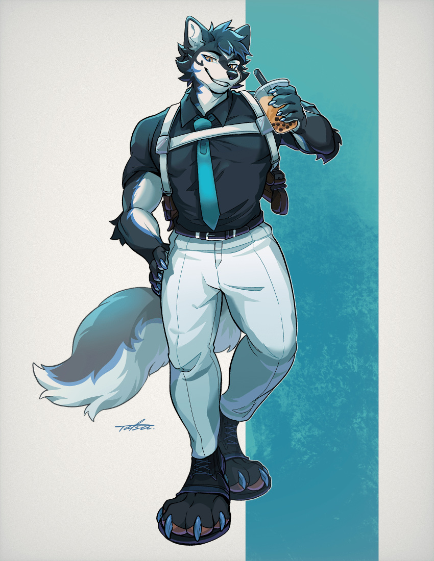 2021 anthro beverage black_clothing black_shirt black_topwear bottomwear bubble_tea clothing container cup discordnight_(artist) disposable_cup fur hand_on_hip hi_res male mammal pants shirt signature smile solo topwear white_bottomwear white_clothing white_pants