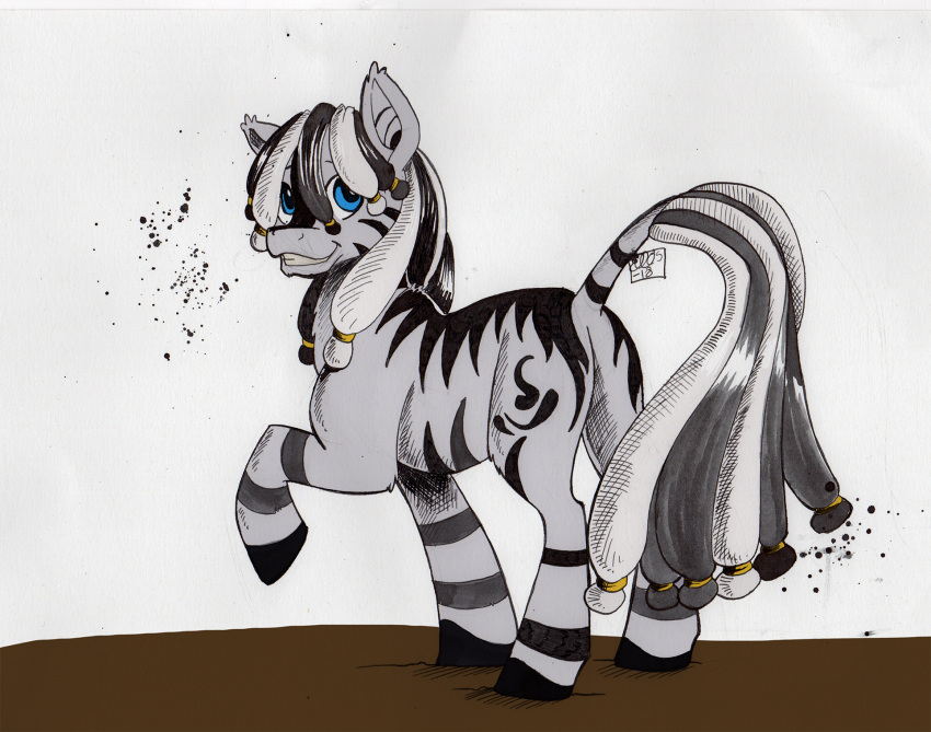 accessory blue_eyes cutie_mark dreadlocks ellisarts equid equine feral grey_body gyrotech hair_accessory hair_tie hi_res hooves male mammal my_little_pony ruzeth smile solo standing stripes zebra