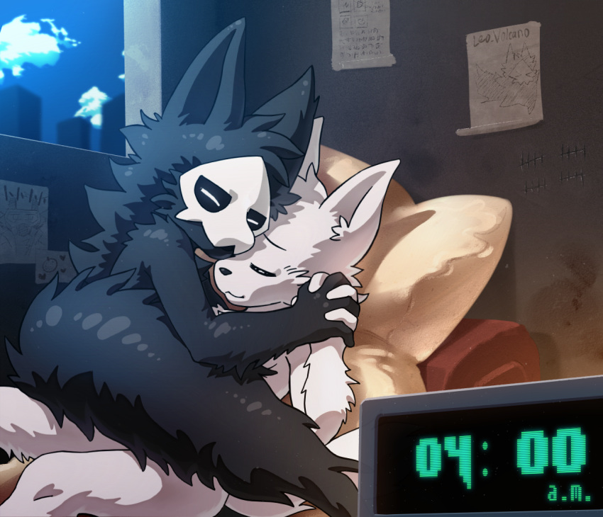 2018 anthro black_body black_fur canid canine canis changed_(video_game) clock detailed_background digital_clock duo eyes_closed fur goo_creature hand_holding inside leo_volcano lin_(changed) male male/male mammal mask nude puro_(changed) sleeping white_body white_fur wolf