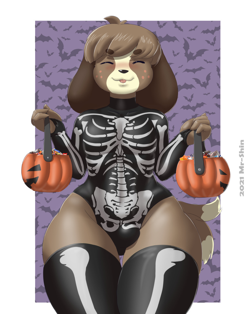 2021 4:5 4_fingers animal_crossing anthro black_bottomwear black_clothing black_legwear black_leotard black_topwear blep blush border bottomwear brown_body brown_fur brown_hair bulge candy canid canine canis clothing dessert digby_(animal_crossing) domestic_dog eyes_closed fingers floppy_ears food front_view fur girly grey_clothing grey_legwear hair halloween halloween_costume hi_res holding_object holidays huge_thighs legwear male mammal mr-shin nintendo shih_tzu skeleton_costume smile solo tan_body tan_fur thick_thighs tight_clothing tongue tongue_out topwear toy_dog video_games white_border