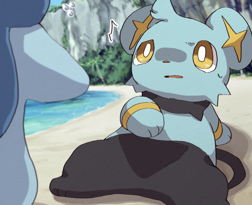 ambiguous_gender beach black_body black_fur blue_body blue_fur blurred_background bodily_fluids cheek_tuft cliff confusion duo facial_tuft feral fur head_tuft hi_res ke_mo_suke leaning leaning_back looking_at_another nintendo outside piplup plant pok&eacute;mon pok&eacute;mon_(species) pok&eacute;mon_mystery_dungeon seaside shaded shinx sweat tree tuft video_games water yellow_eyes