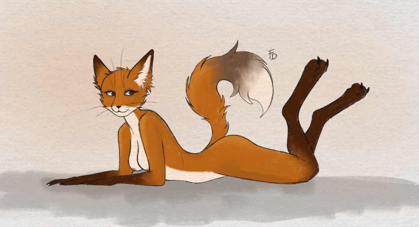 anthro black_nose brown_body brown_eyes brown_fur canid canine claws crown_(usernamecrownisalreadytake) female fox fur furydraws grey_background grey_body grey_fur hi_res looking_back lying mammal nipples nude on_front orange_body orange_fur pink_nipples pupils signature simple_background slit_pupils smile solo whiskers white_background white_body white_fur x_pupils